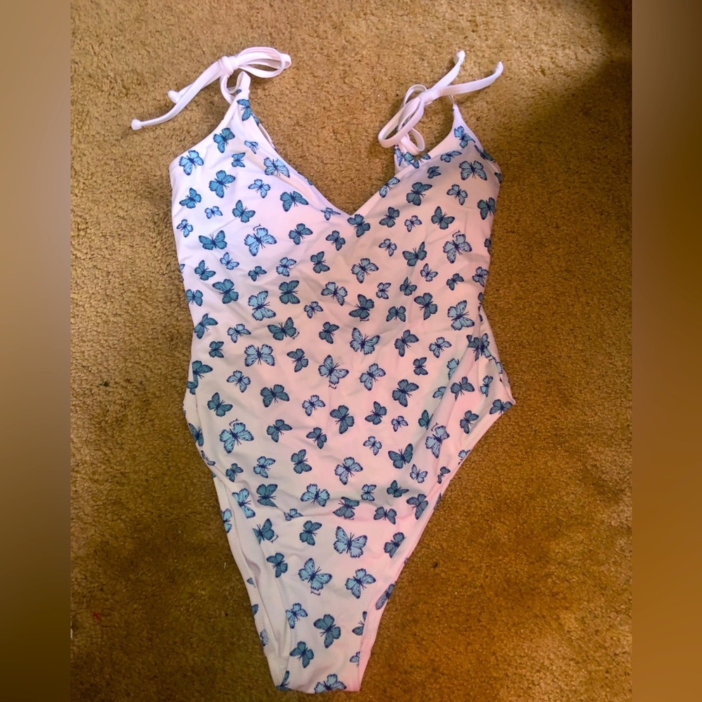 PINK VS Large one piece butterfly baiting suit blue and white